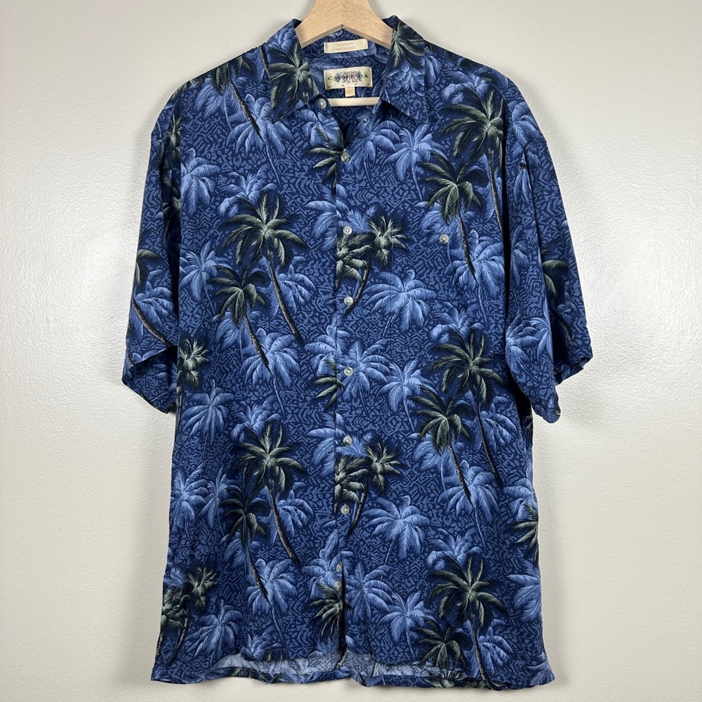 Campia Moda Mens Medium Button Down Shirt Blue Tropical Palm Tree Rayon Hawaiian